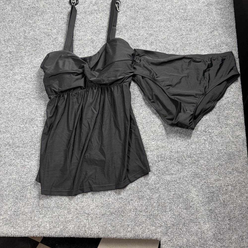 Solid Black Tankini Swimsuit Set 2 Piece Twist‎ Front Empire Waist Flattering Lg